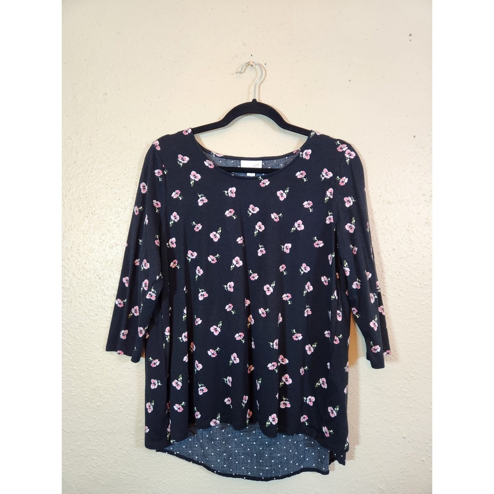 J. Jill Womens M Black Floral Polka Dot Top 3/4 Sleeve Mixed Media Tulip Back